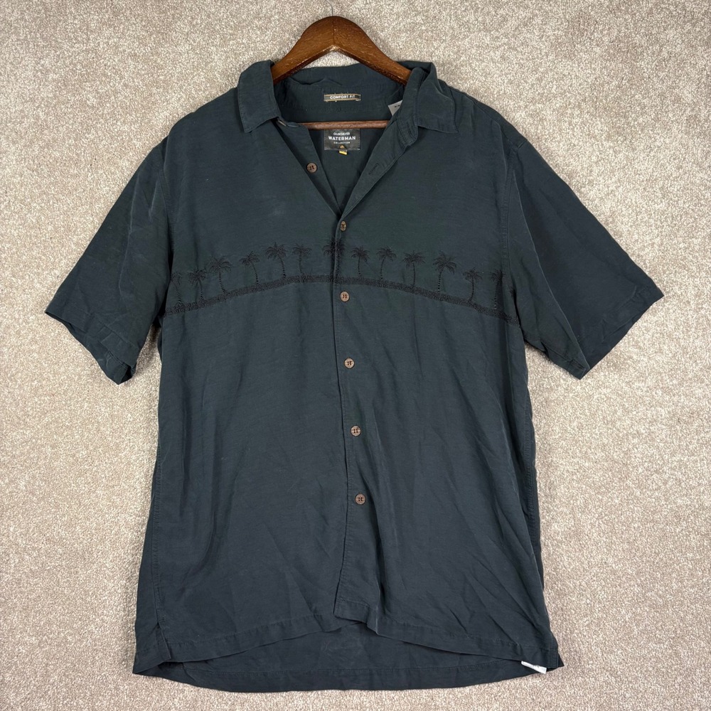 Quiksilver Waterman Collection Mens Medium Black Palm Tree Embroidered Shirt M